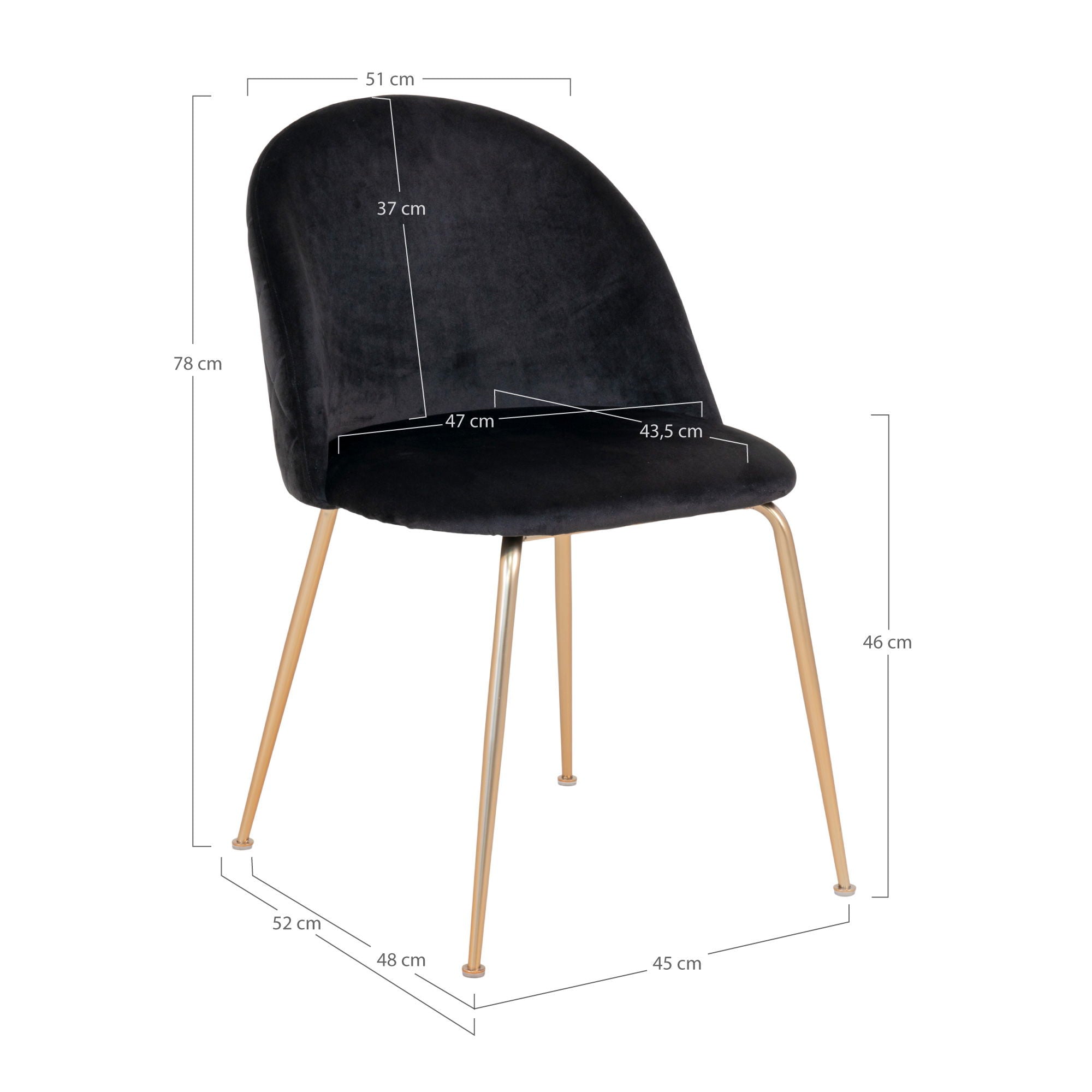 Geneva Dining table chair - Dining table chair in velor, black with legs in brass look, HN1207