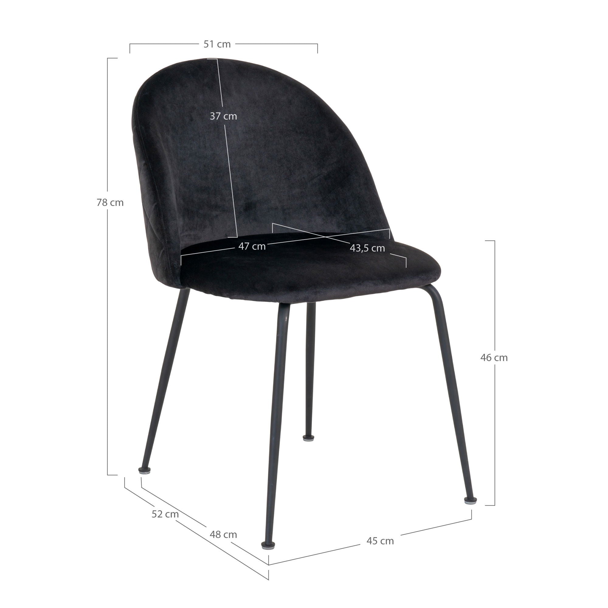 Geneva Dining Table Chair - Dining table chair in velor, black with black legs, HN1207