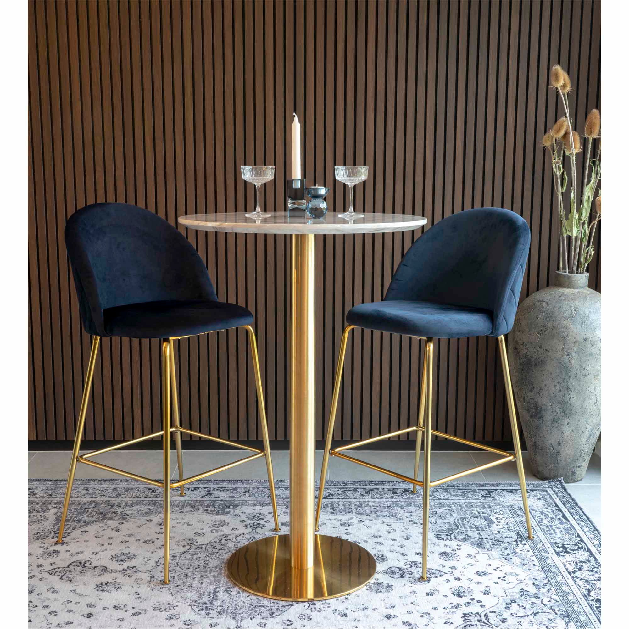 Lausanne bar chair - bar stool in velor, blue with brass look legs, HN1205