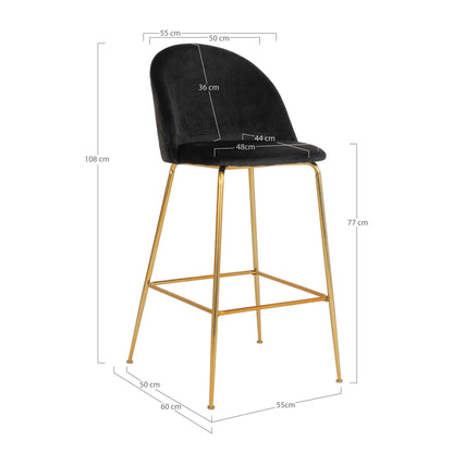 Lausanne bar chair - bar stool in velor, black with brass look legs, HN1207