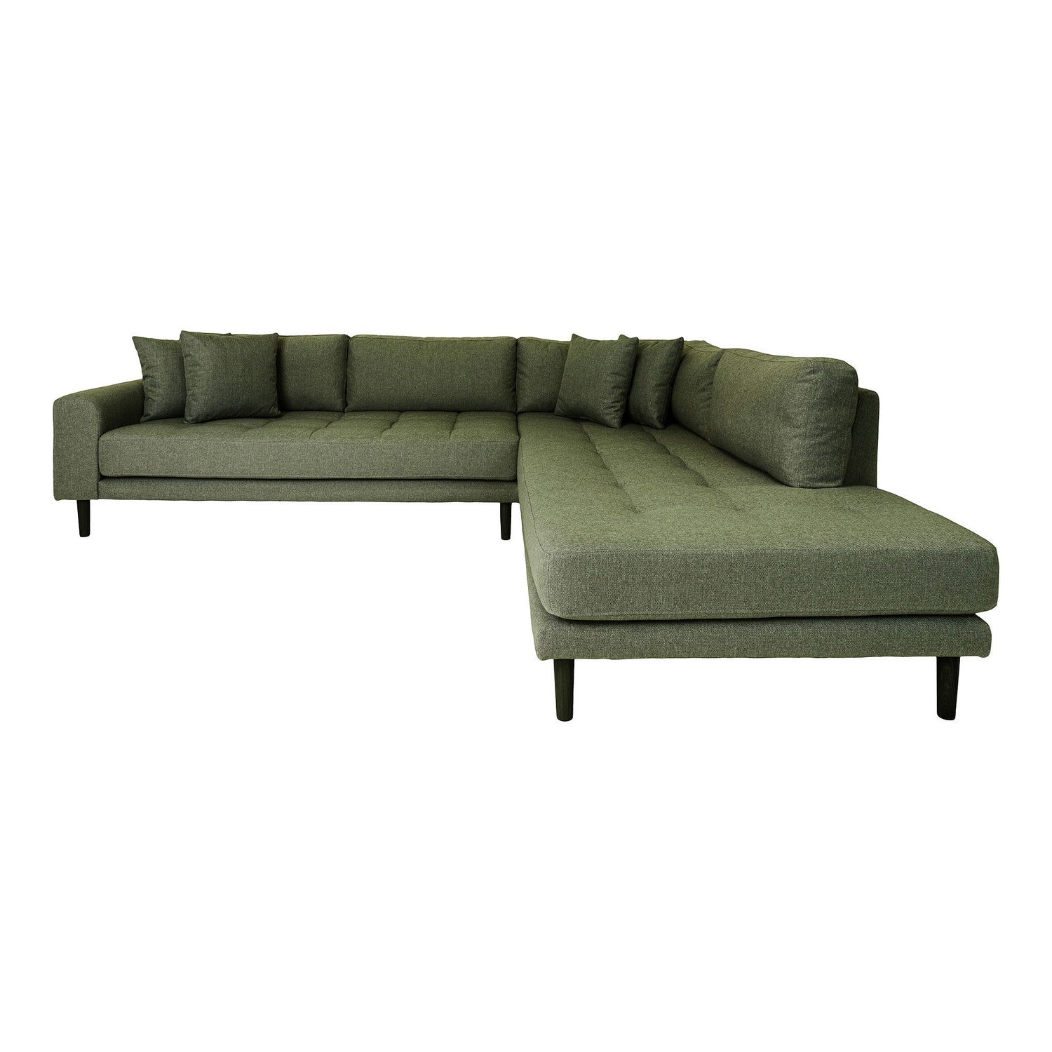 Lido Corner sofa Open End - Corner sofa Open end, right -wing in olive green with four pillows and black wooden legs, HN1020