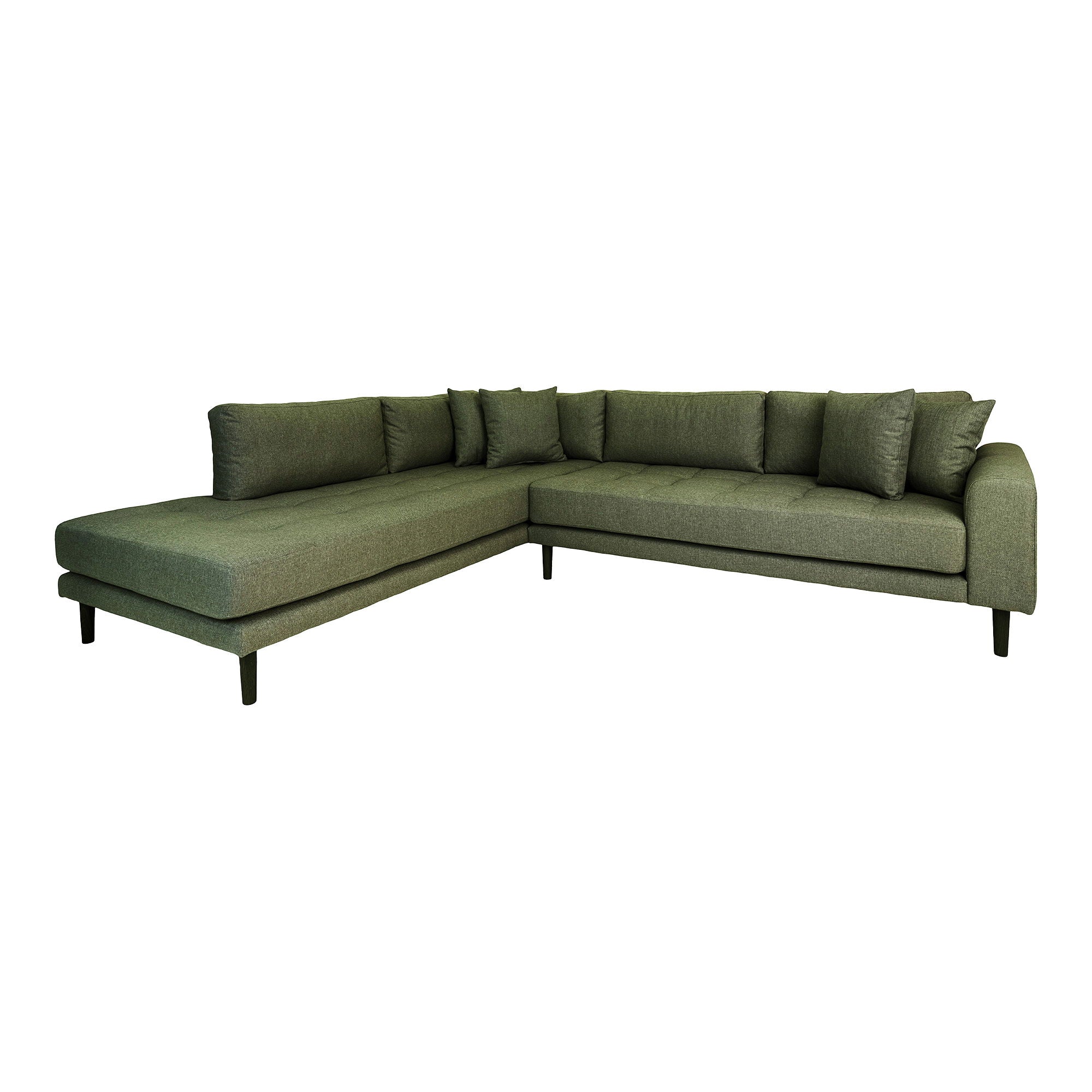 Lido Corner sofa Open End - Corner sofa Open End, left -wing in olive green with four pillows and black wooden legs, HN1020