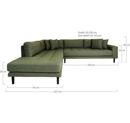 Lido Corner sofa Open End - Corner sofa Open End, left -wing in olive green with four pillows and black wooden legs, HN1020