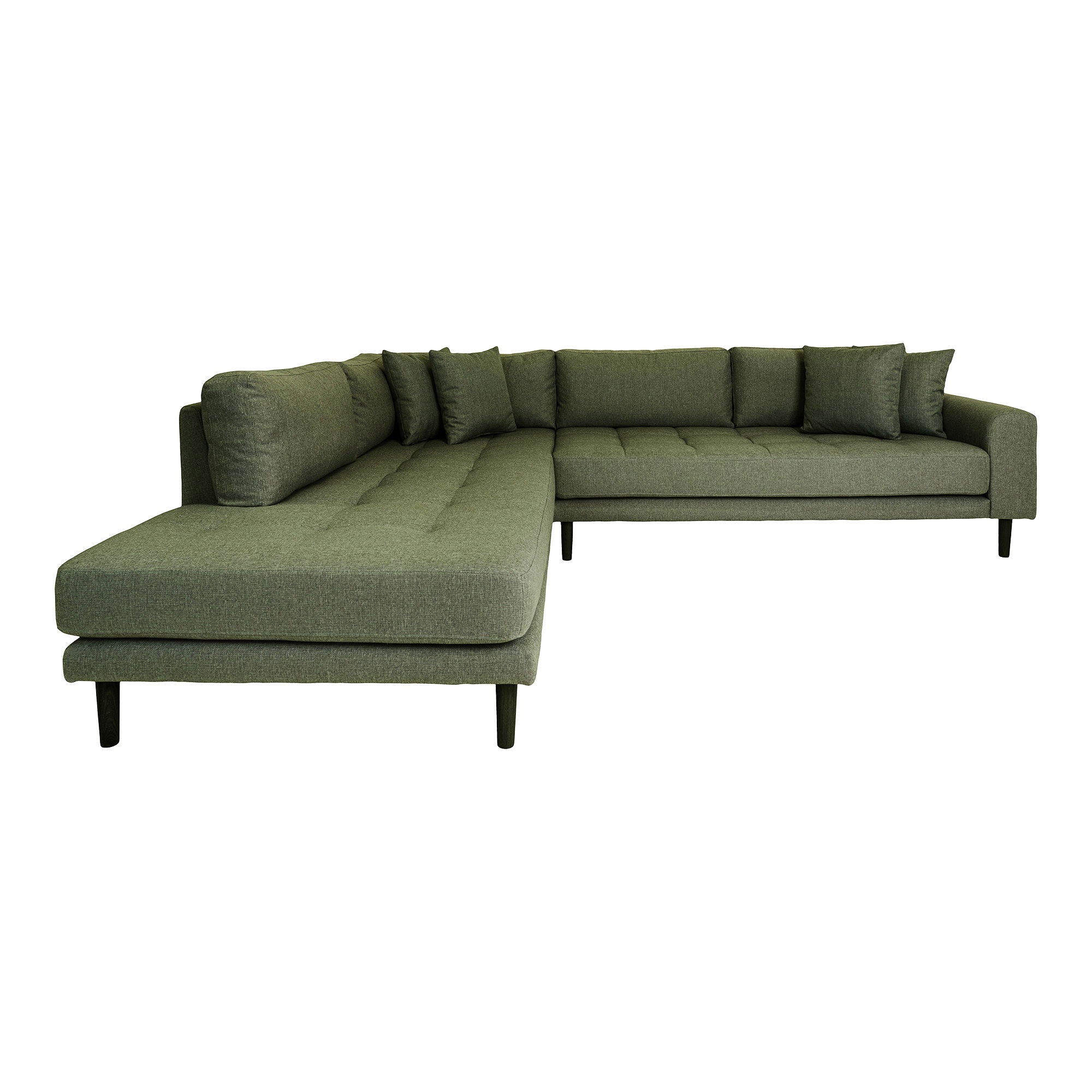 Lido Corner sofa Open End - Corner sofa Open End, left -wing in olive green with four pillows and black wooden legs, HN1020