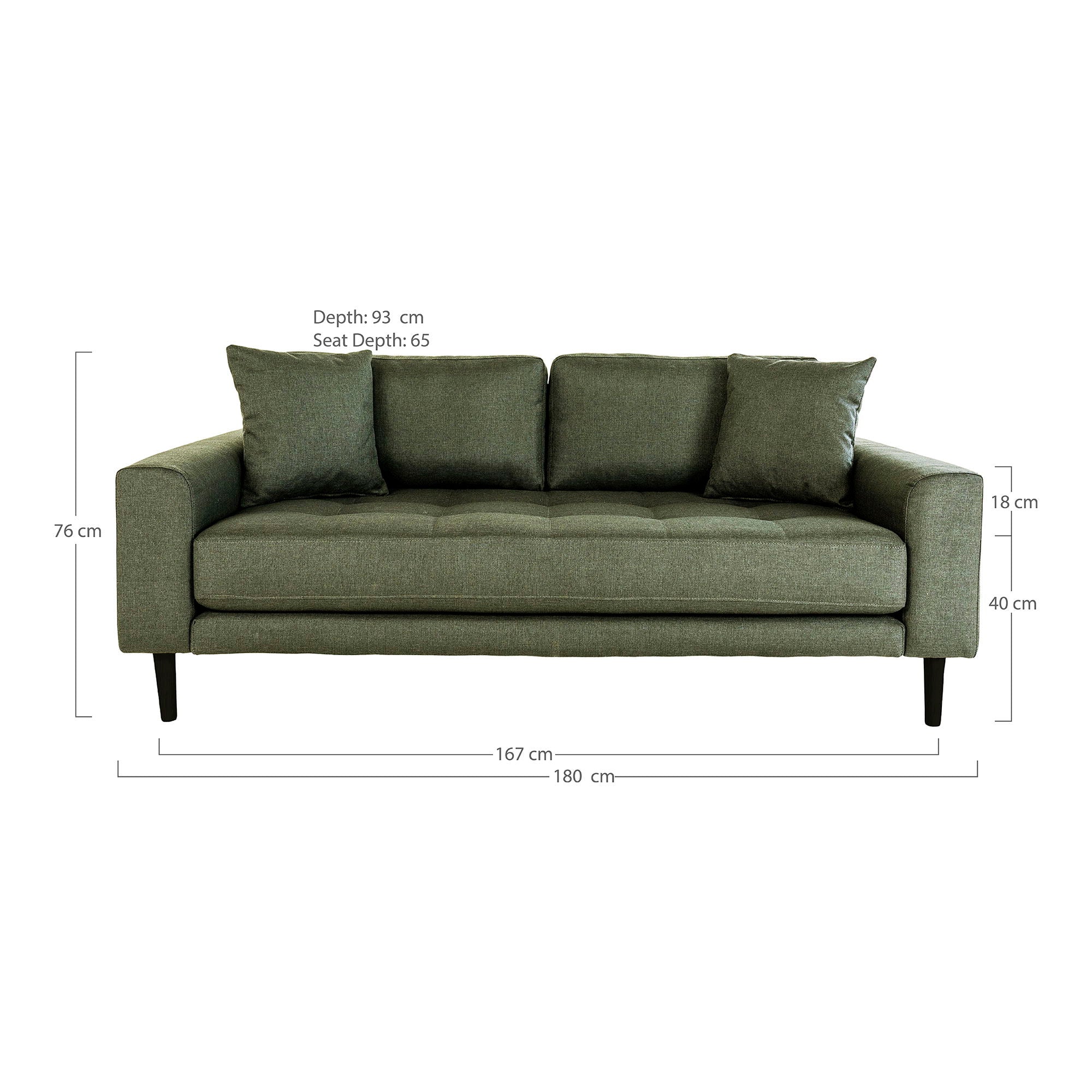 Lido 2.5 -person sofa - 2.5 person sofa, olive green with two pillows and black wooden legs, HN1020