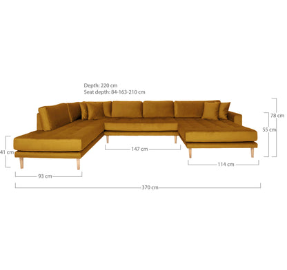 Lido U-Sofa Open End-U-Sofa Open End, right-wing in mustard yellow velor with four pillows with nature wooden legs, HN1004