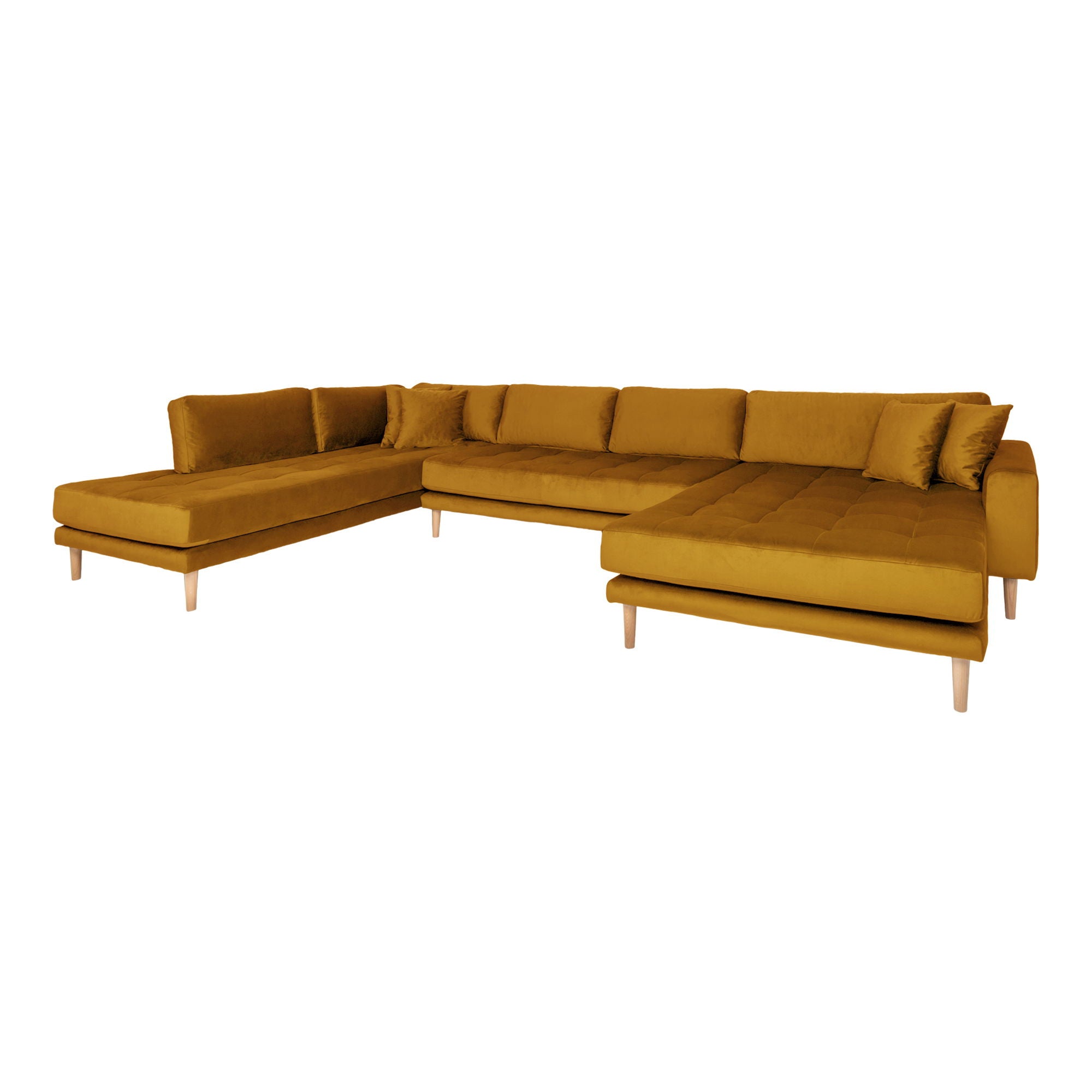 Lido U-Sofa Open End-U-Sofa Open End, right-wing in mustard yellow velor with four pillows with nature wooden legs, HN1004