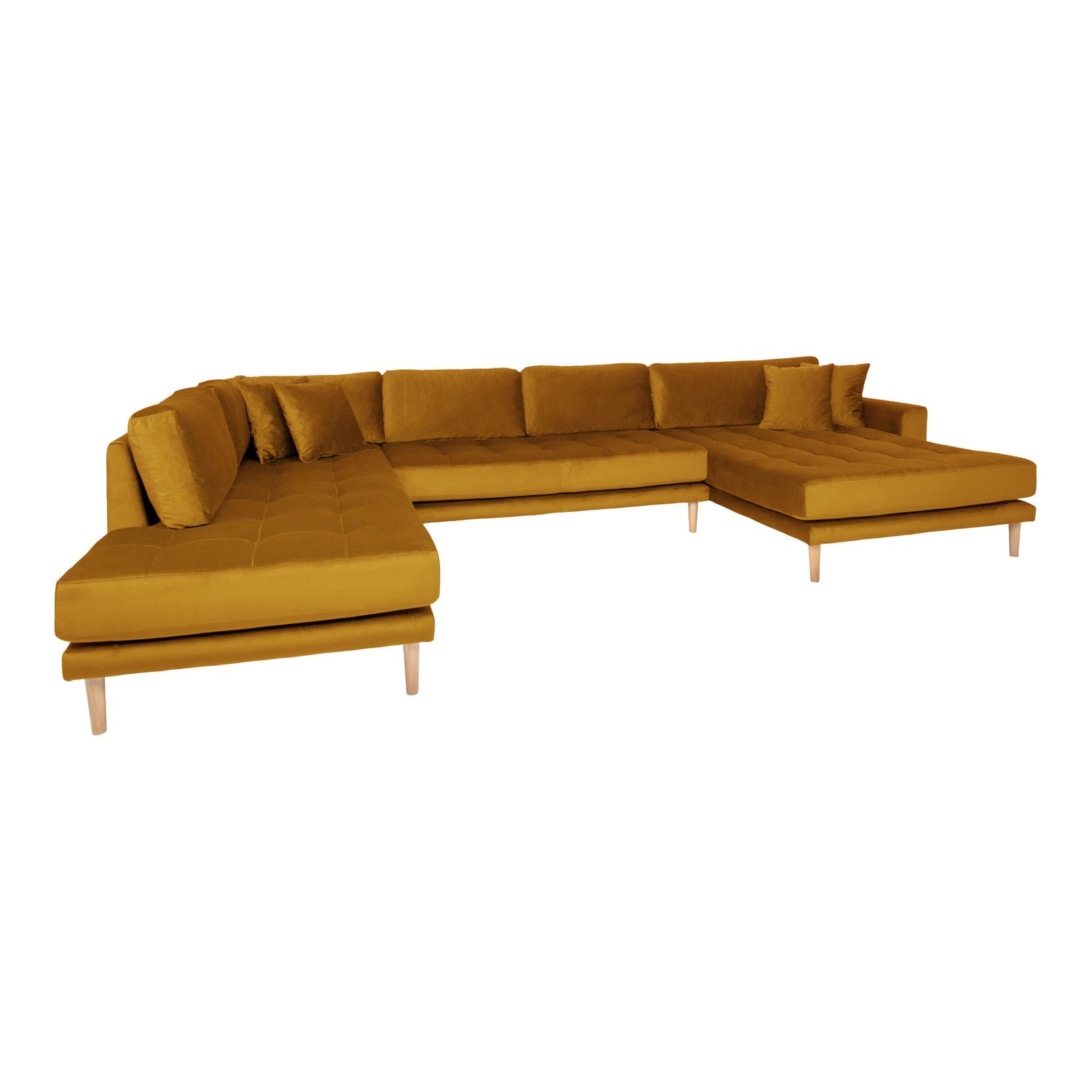 Lido U-Sofa Open End-U-Sofa Open End, right-wing in mustard yellow velor with four pillows with nature wooden legs, HN1004