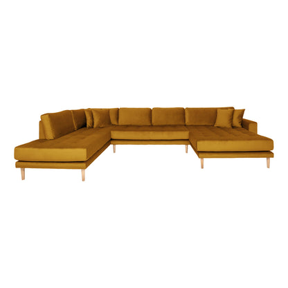 Lido U-Sofa Open End-U-Sofa Open End, right-wing in mustard yellow velor with four pillows with nature wooden legs, HN1004