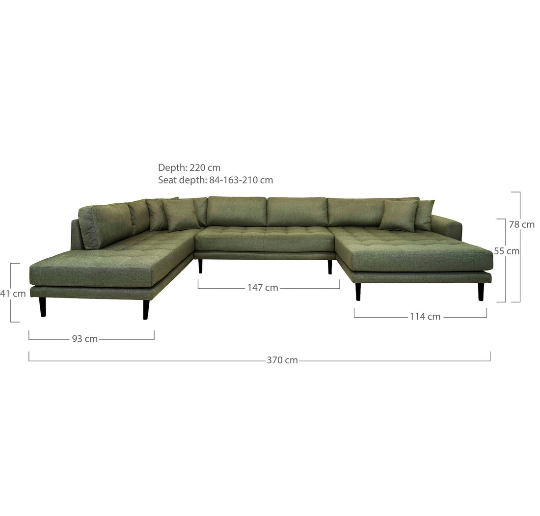 Lido U-Sofa Open End-U-sofa Open End, right-wing in olive green with four pillows and black wooden legs, HN1020