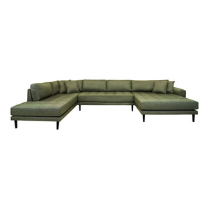 Lido U-Sofa Open End-U-sofa Open End, right-wing in olive green with four pillows and black wooden legs, HN1020