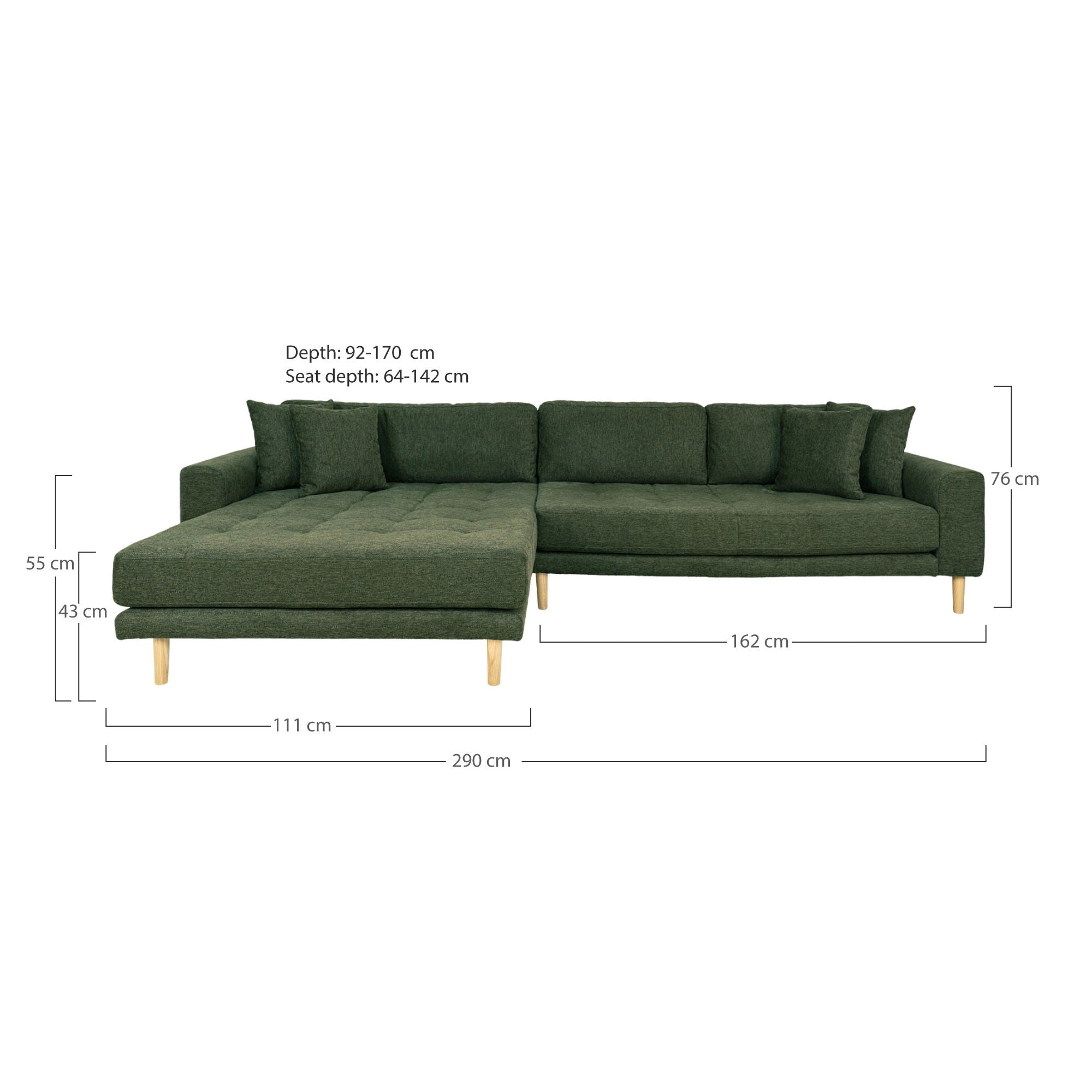 Lido Lounge Sofa - Lounge sofa, left -wing in olive green with four pillows and black wooden legs, HN1020