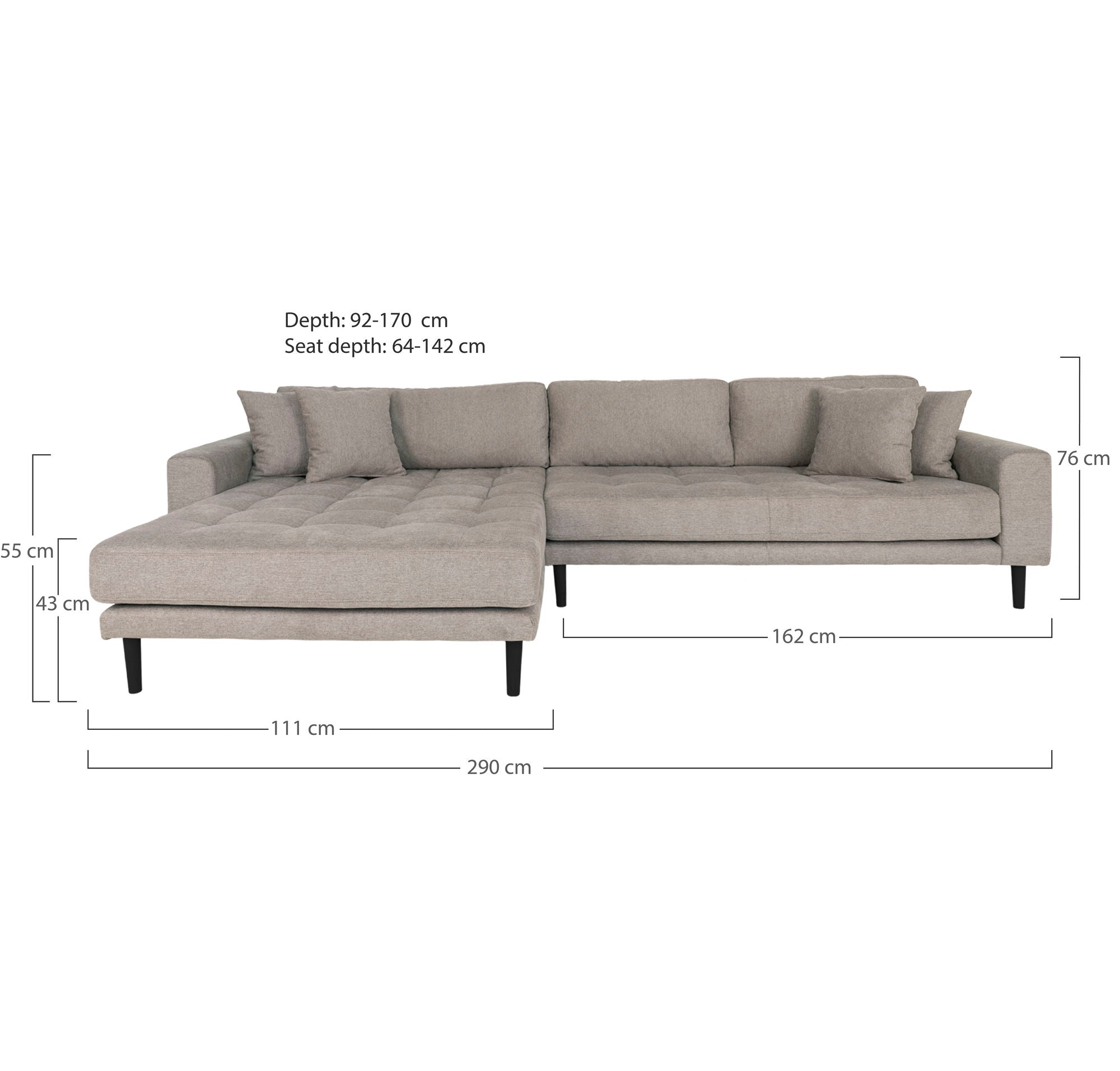 Lido Lounge Sofa - Lounge Sofa, left -wing in Stone with four pillows and black wooden legs, HN1030