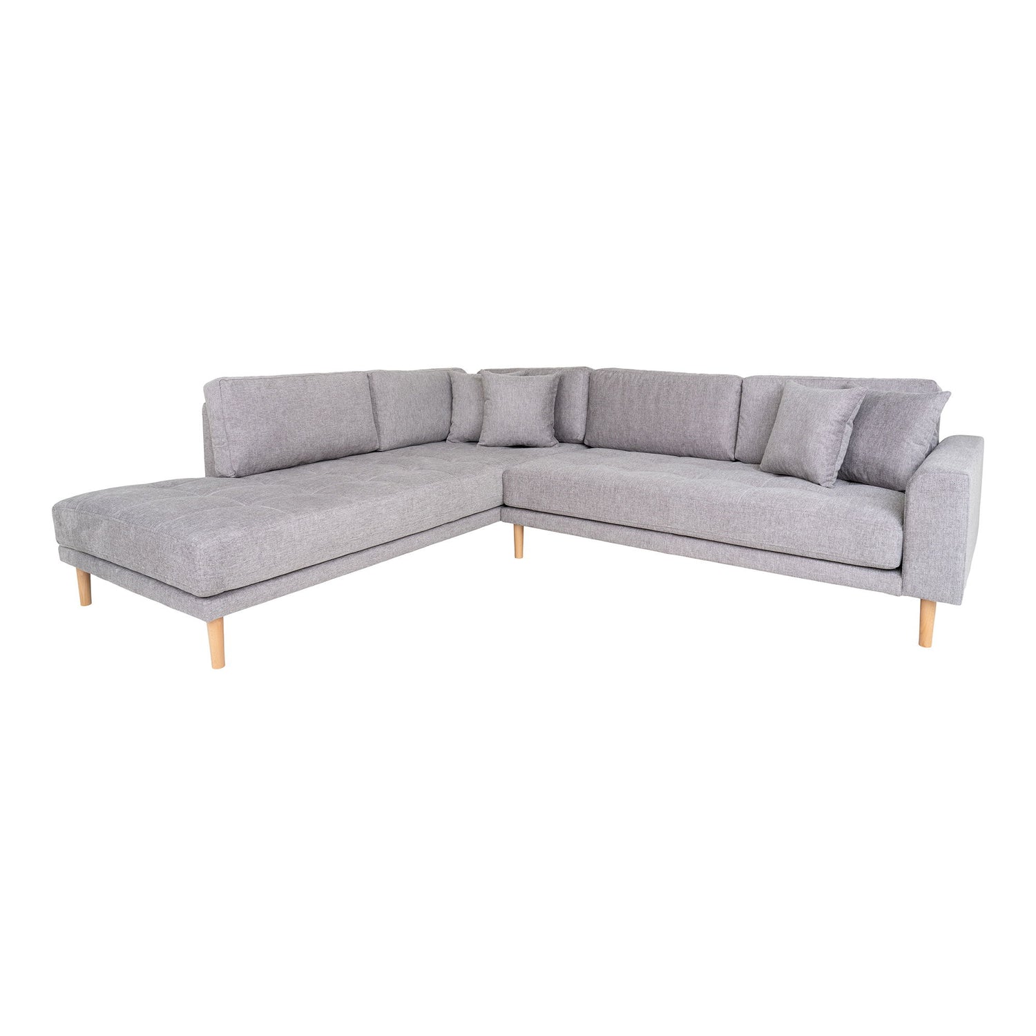 Lido Corner sofa Open End - Corner sofa Open End, left -wing in light gray with four pillows and nature wooden legs, HN1040