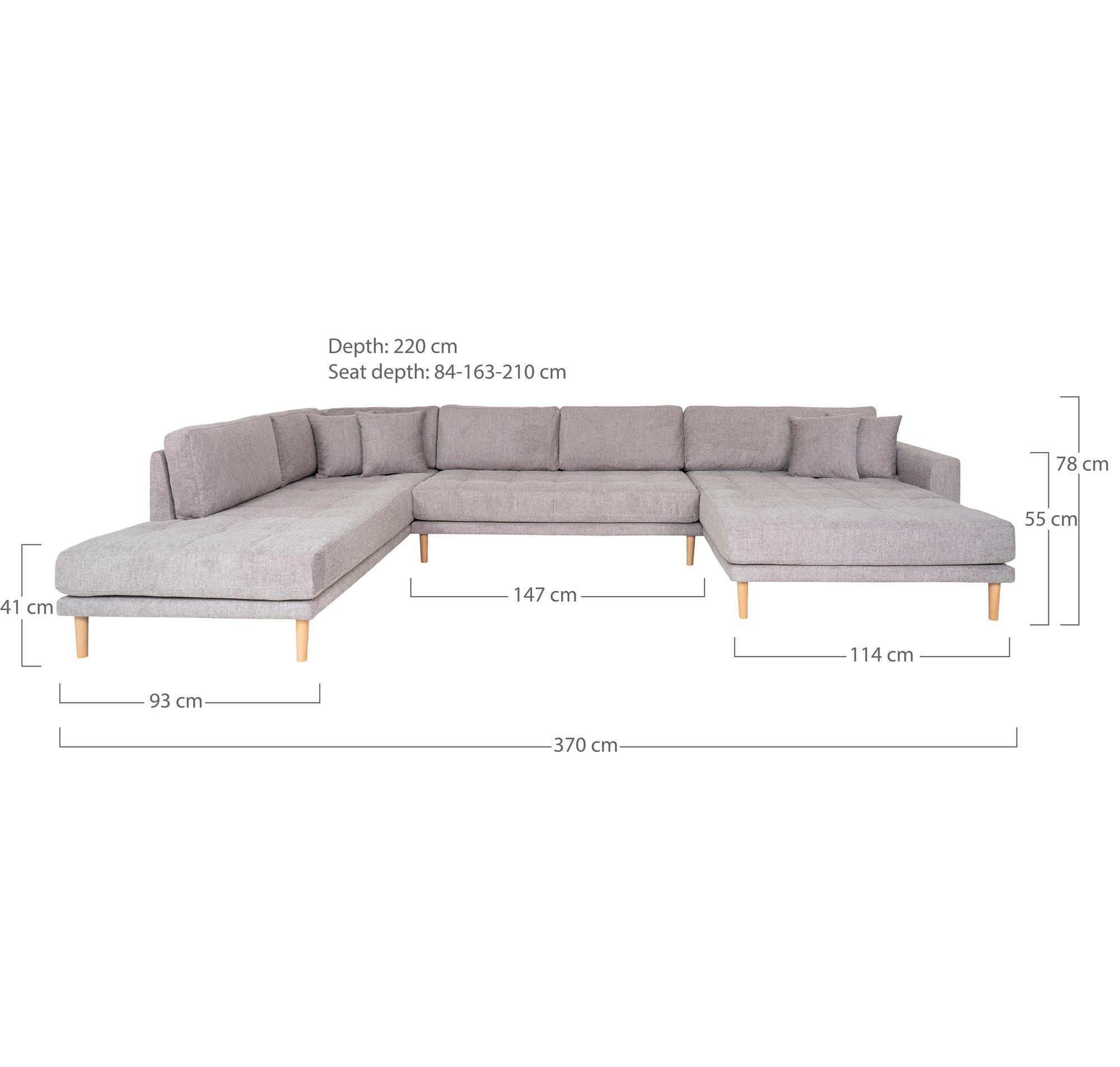 Lido U-Sofa Open End-U-Sofa Open End, right-wing in light gray with four pillows and nature wooden legs, HN1040