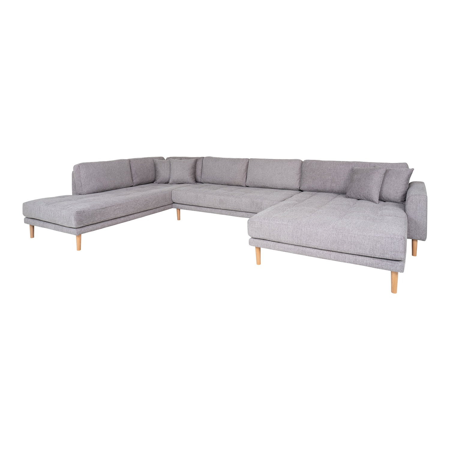 Lido U-Sofa Open End-U-Sofa Open End, right-wing in light gray with four pillows and nature wooden legs, HN1040