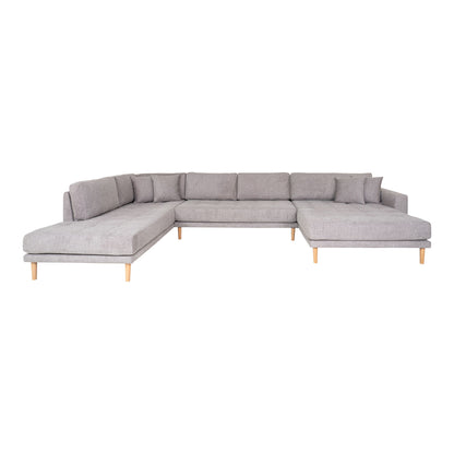 Lido U-Sofa Open End-U-Sofa Open End, right-wing in light gray with four pillows and nature wooden legs, HN1040