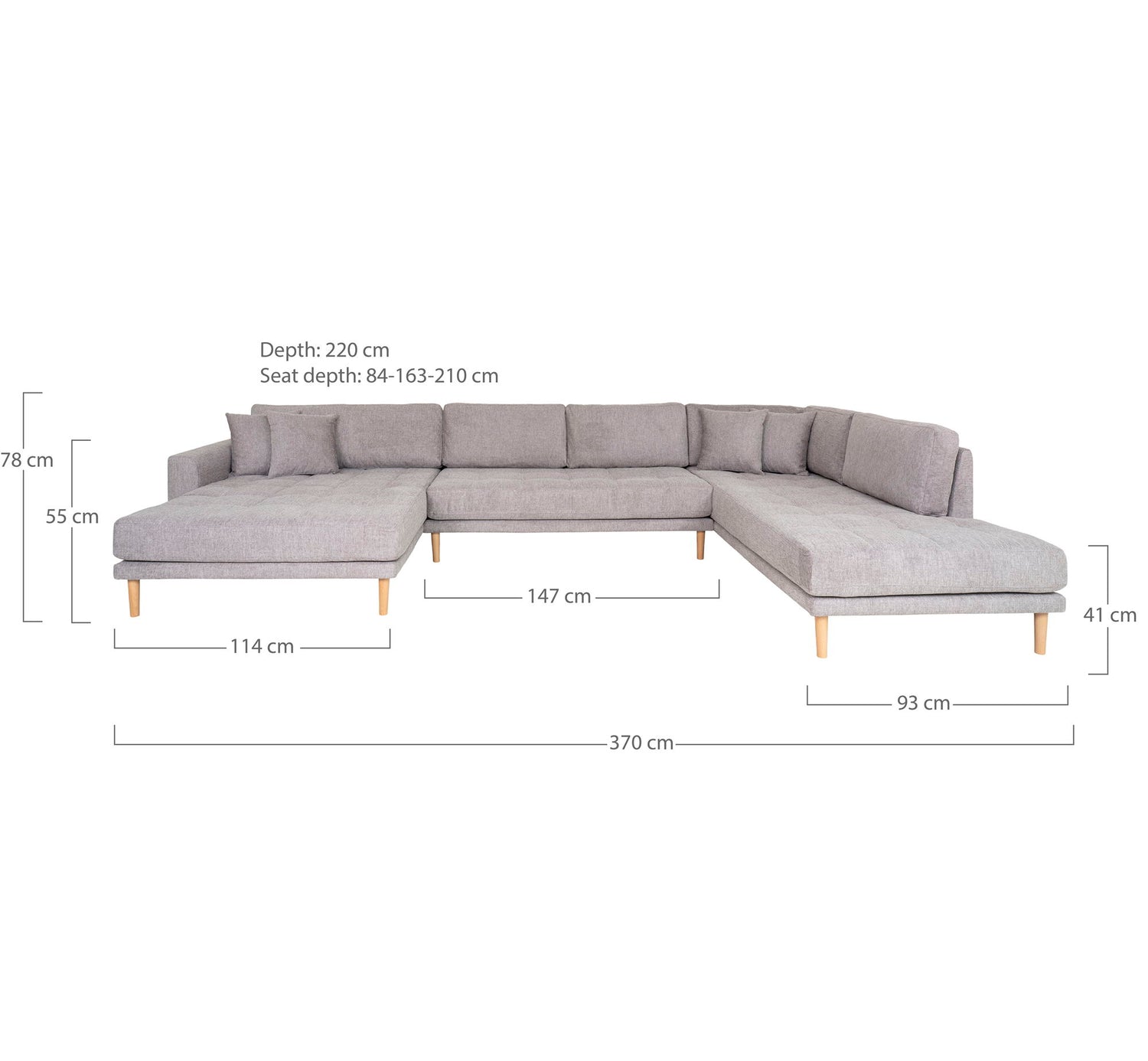 Lido U-Sofa Open End-U-Sofa Open End, left-wing in light gray with four pillows and nature wooden legs, HN1040