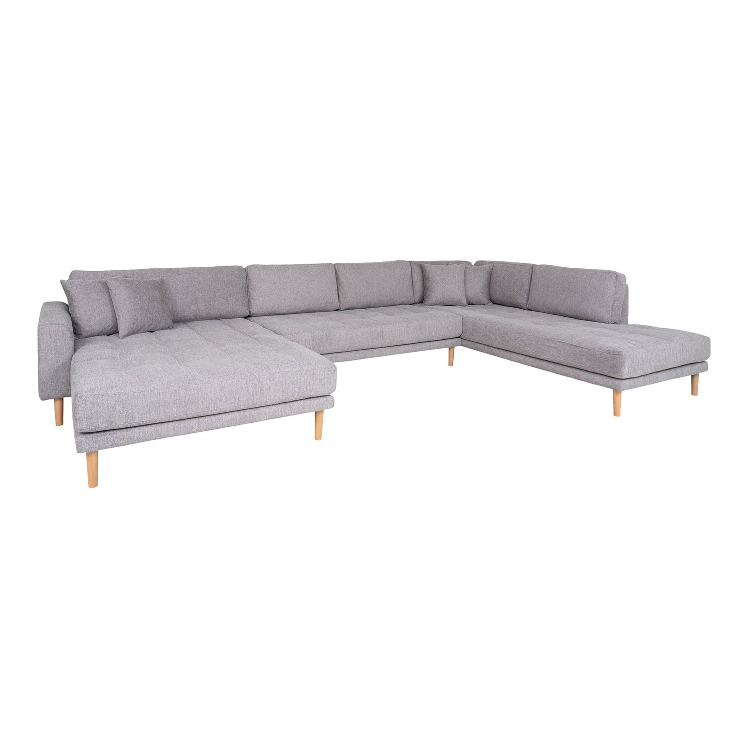 Lido U-Sofa Open End-U-Sofa Open End, left-wing in light gray with four pillows and nature wooden legs, HN1040