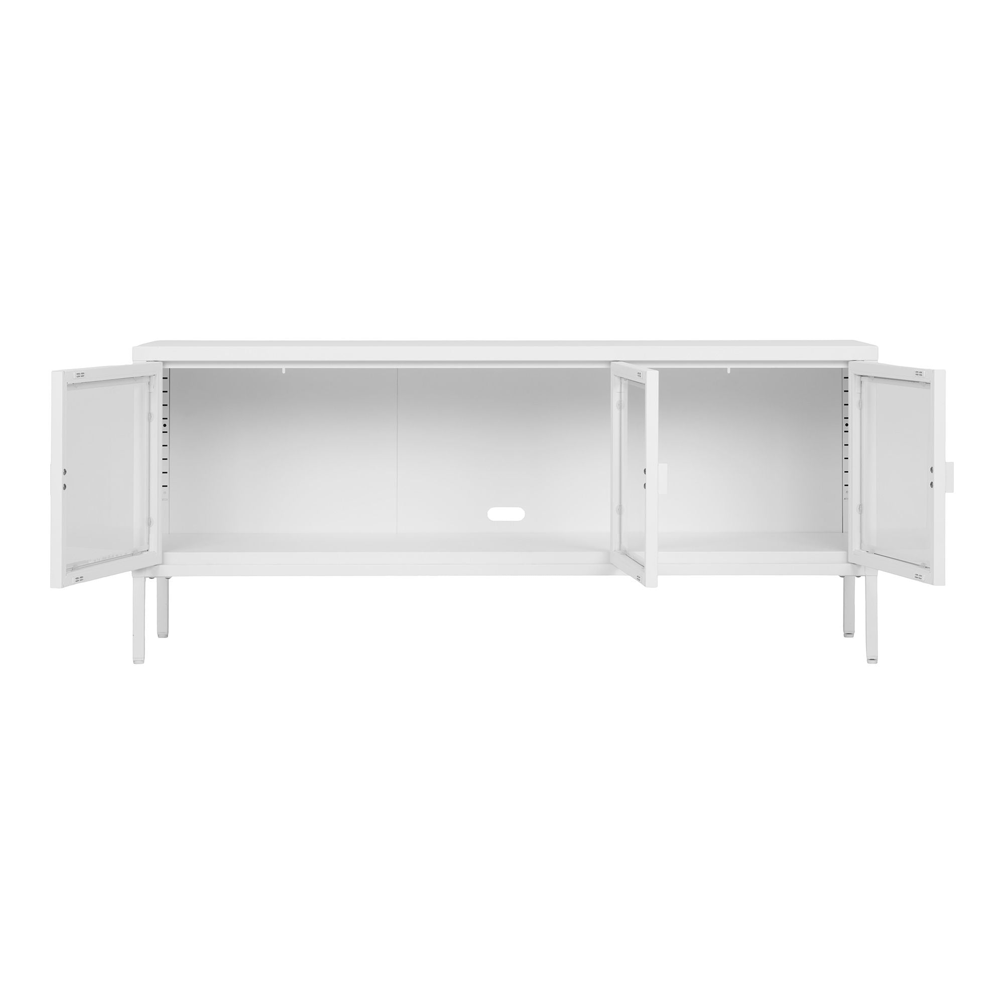 Brisbane TV bench-TV bench, 3 glass doors, steel, white 130x40x55 cm