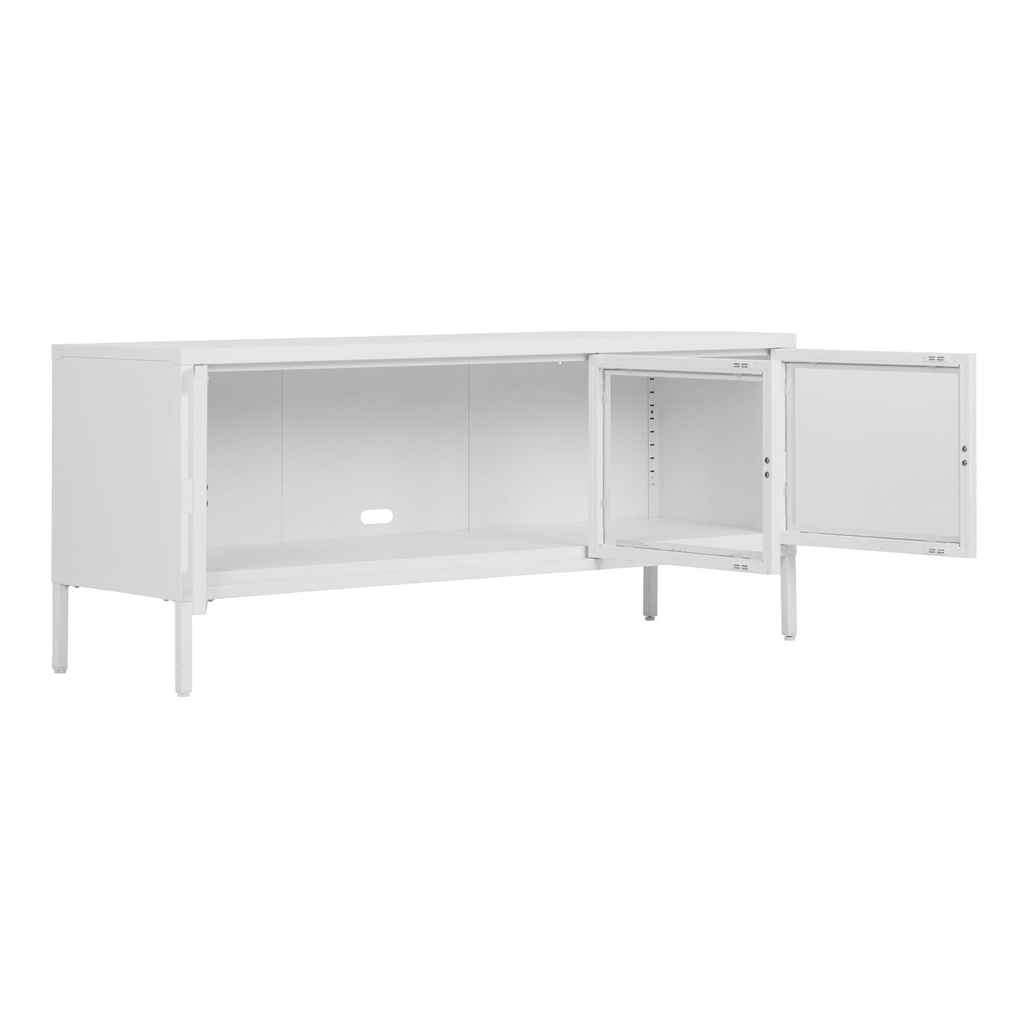 Brisbane TV bench-TV bench, 3 glass doors, steel, white 130x40x55 cm