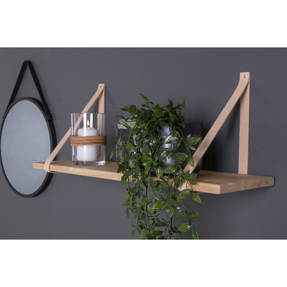 Forno Shelf - Wall Shelf, Nature Wood Shelf, Brown Leather Straps 120x20 cm