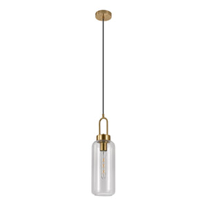 Luton pendant - pendant in clear glass, brass colored socket, cylinder shaped, Ø13 cm, 150 cm fabric cord