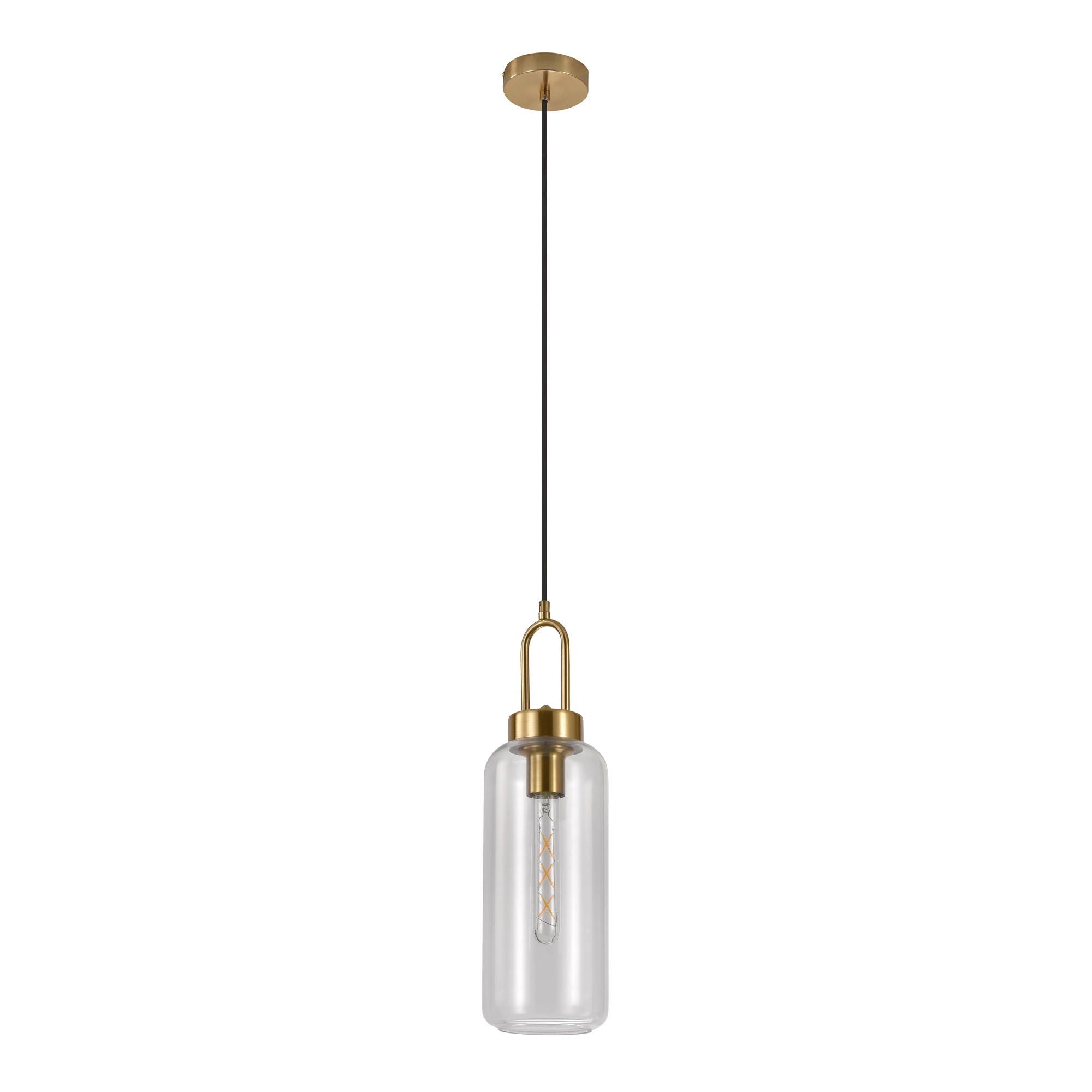 Luton pendant - pendant in clear glass, brass colored socket, cylinder shaped, Ø13 cm, 150 cm fabric cord