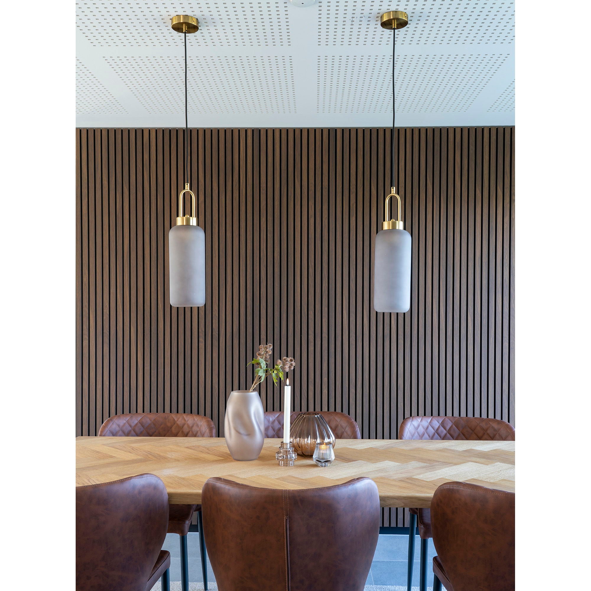 Luton pendant - pendant in matte smokey glass, brass colored socket, cylinder shaped, Ø13 cm, 150 cm fabric cord