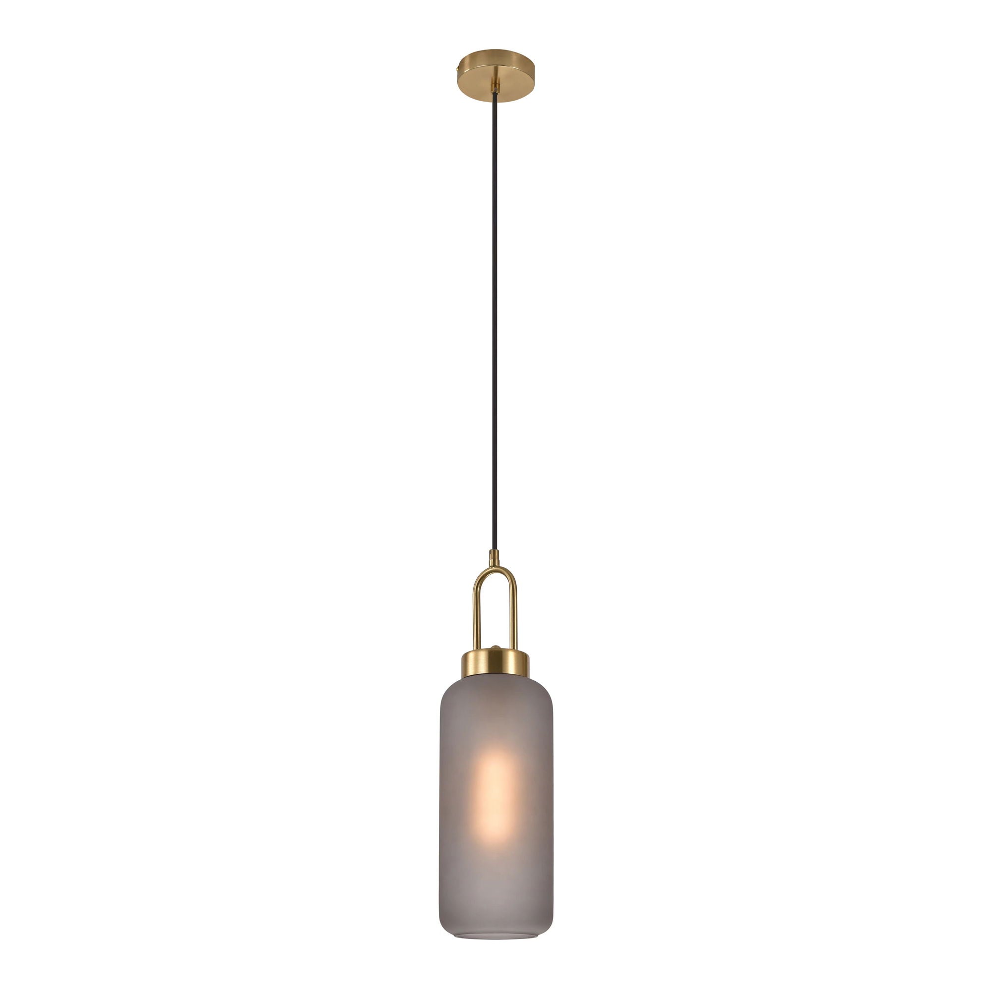 Luton pendant - pendant in matte smokey glass, brass colored socket, cylinder shaped, Ø13 cm, 150 cm fabric cord