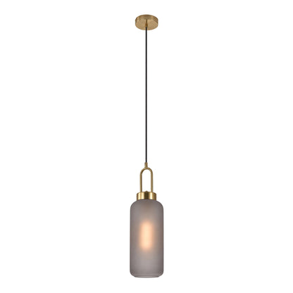 Luton pendant - pendant in matte smokey glass, brass colored socket, cylinder shaped, Ø13 cm, 150 cm fabric cord