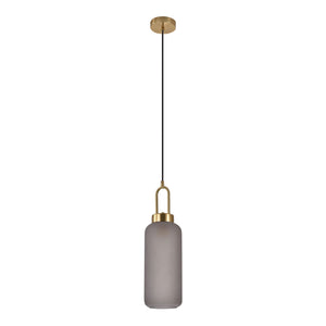 Luton pendant - pendant in matte smokey glass, brass colored socket, cylinder shaped, Ø13 cm, 150 cm fabric cord