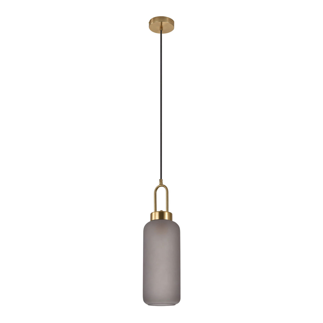 Luton pendant - pendant in matte smokey glass, brass colored socket, cylinder shaped, Ø13 cm, 150 cm fabric cord