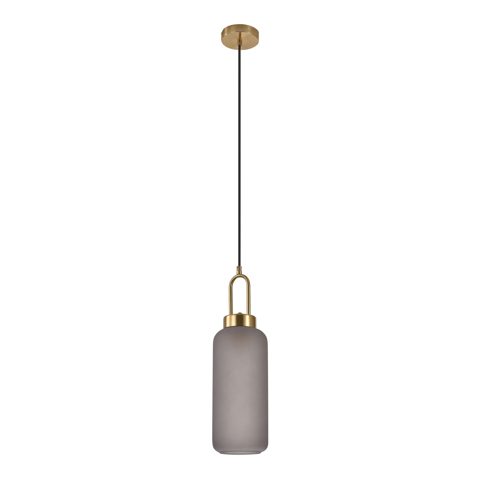 Luton pendant - pendant in matte smokey glass, brass colored socket, cylinder shaped, Ø13 cm, 150 cm fabric cord