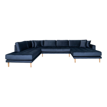 Lido U-Sofa Open End-U-sofa Open End, right-wing in dark blue velor with four pillows and nature wooden legs, HN1005