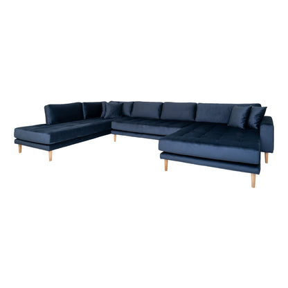 Lido U-Sofa Open End-U-sofa Open End, right-wing in dark blue velor with four pillows and nature wooden legs, HN1005