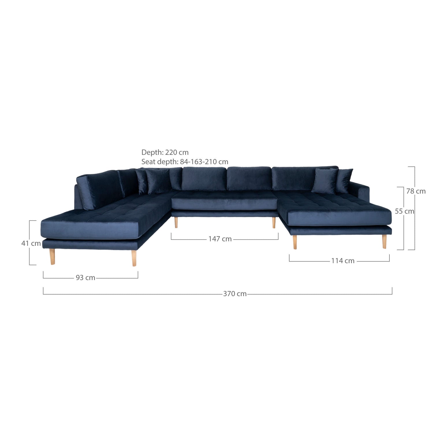 Lido U-Sofa Open End-U-sofa Open End, right-wing in dark blue velor with four pillows and nature wooden legs, HN1005