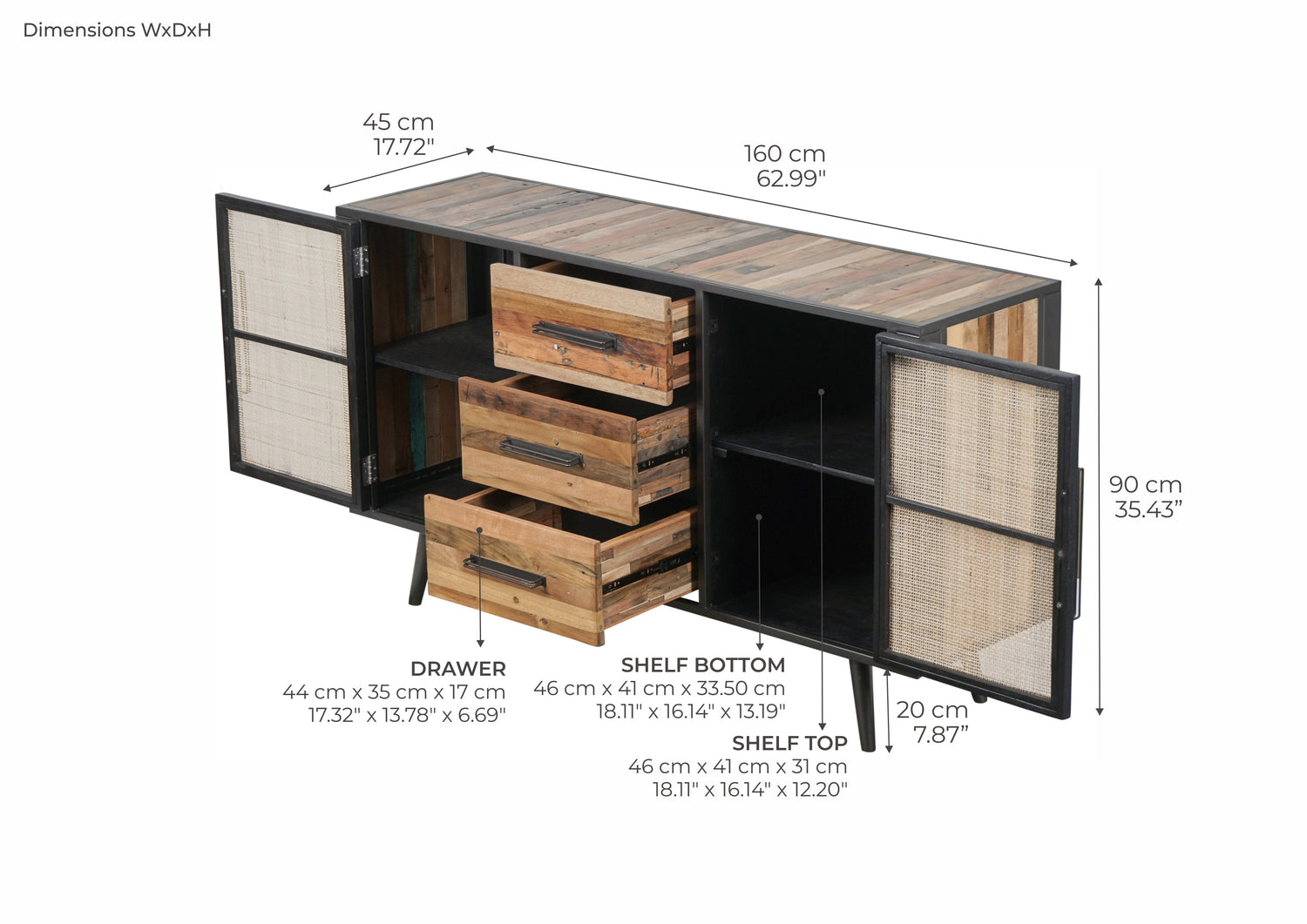 Nordic Rattan sideboard with 2 doors and 3 drawers