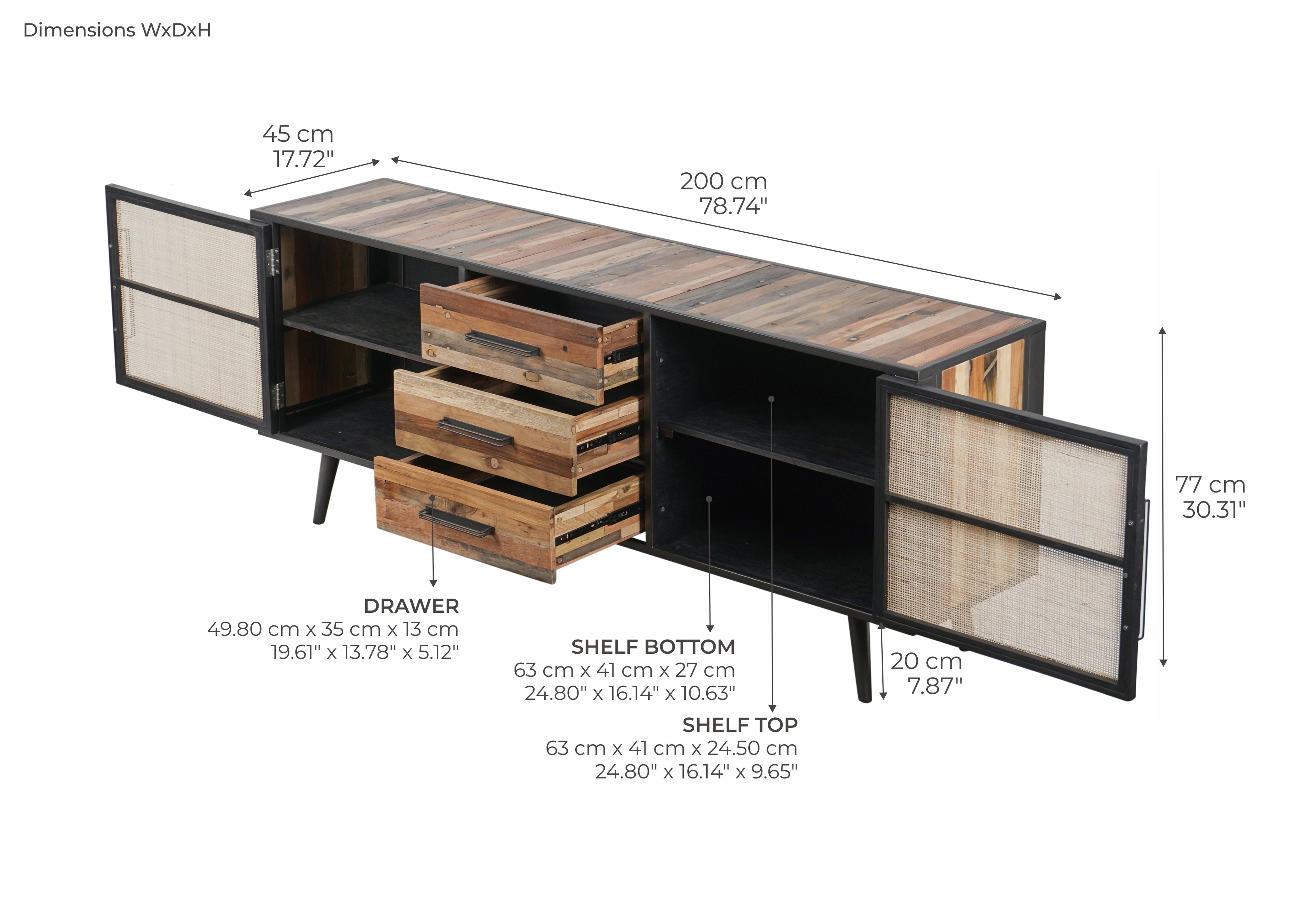 Nordic Rattan sideboard with 2 doors and 3 drawers