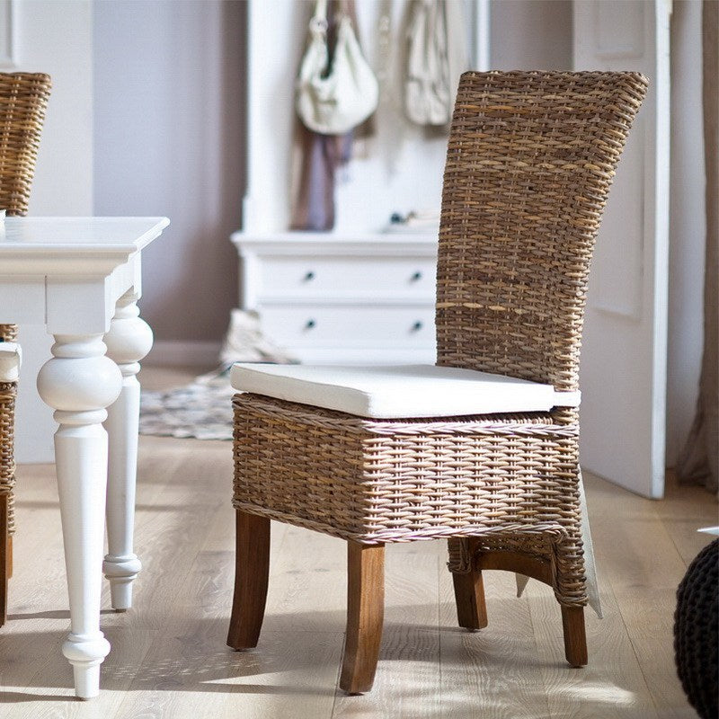 WickerWorks Salsa hand -braided dining table chair in natural rattan with cushions (sold as pair)