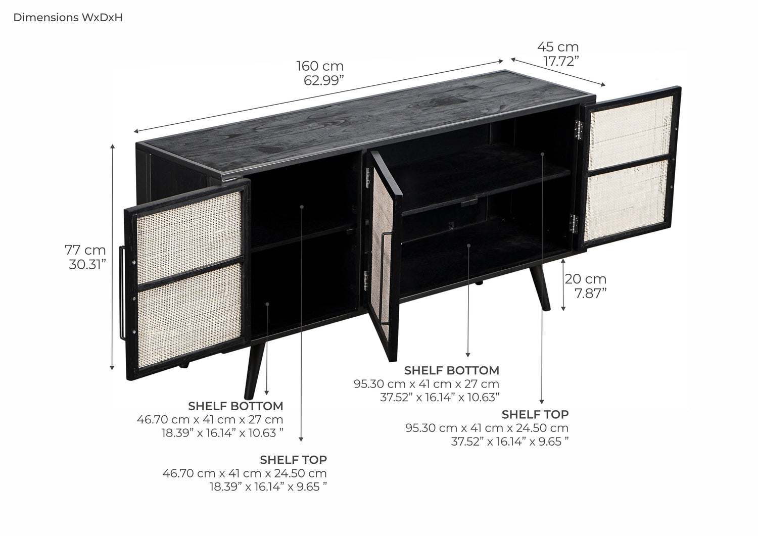 Nordic Mindi Rattan TV table with 3 doors